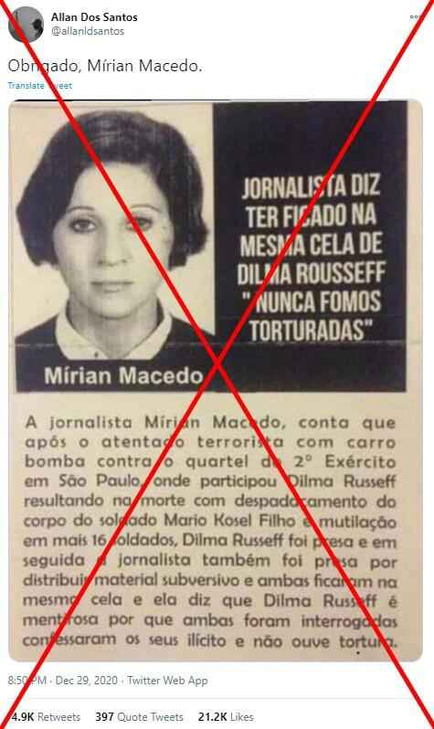 Mírian Macedo não foi companheira de Dilma em cela e não negou tortura dela