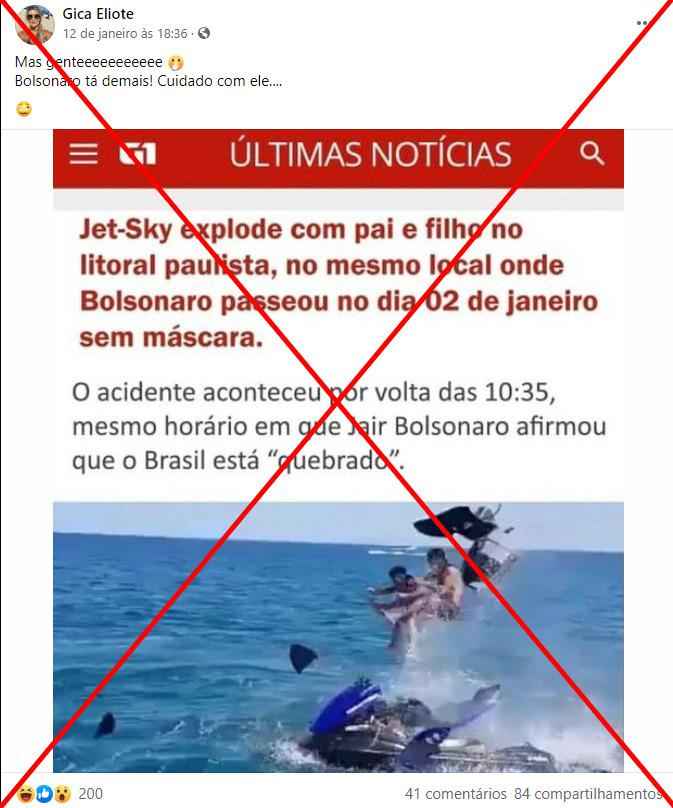 É montagem a manchete do G1 que relaciona Bolsonaro a acidente de jet ski