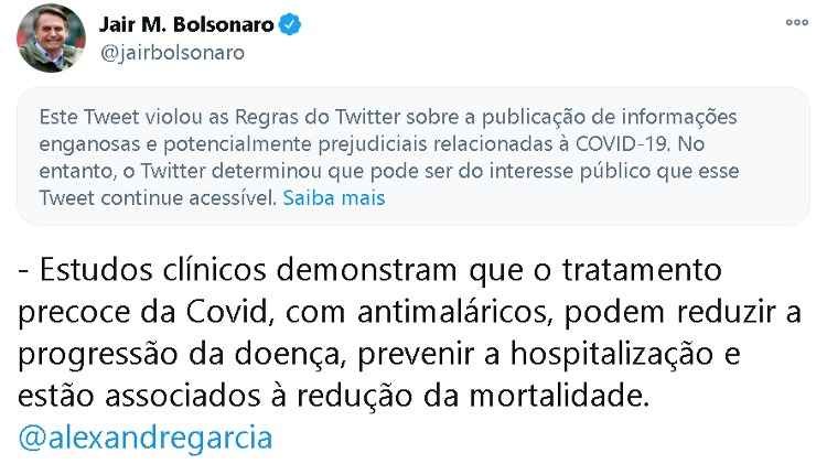 Twitter alerta sobre possíveis informações falsas em post de Bolsonaro - Reprodução/Twitter 