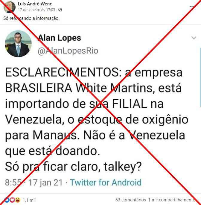 Oxigênio enviado da Venezuela a Manaus não é importado pela White Martins 