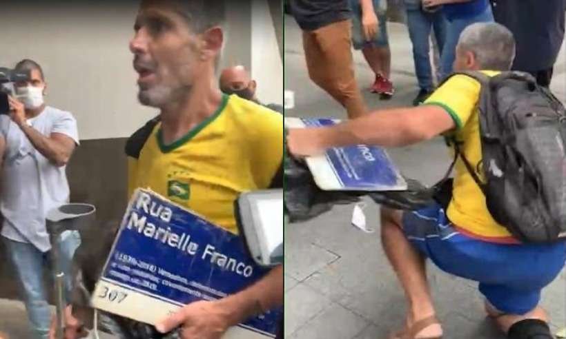 Apoiadores de Daniel Silveira agridem homem com placa de Marielle, no Rio - REPRODUÇÃO/Rádio Tupi