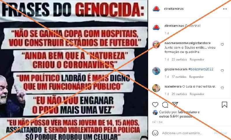 Publicações com falas atribuídas ao ex-presidente Lula, chamado de &#8220;genocida&#8221;, são enganosas