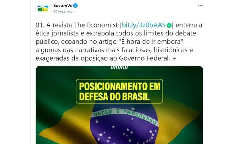 Planalto publica 23 tuítes para atacar revista inglesa The Economist - Twitter/ Reprodução