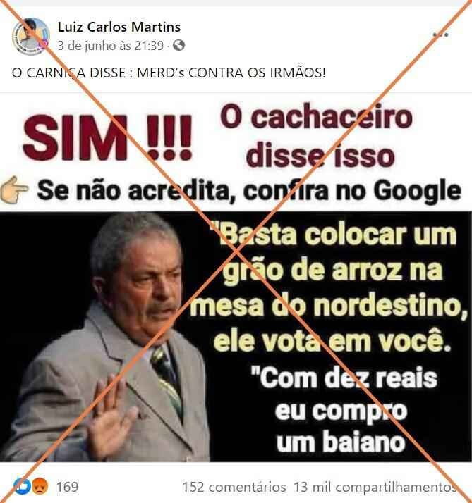 Não há registro de fala de Lula sobre grão de arroz na mesa do nordestino e de comprar baiano