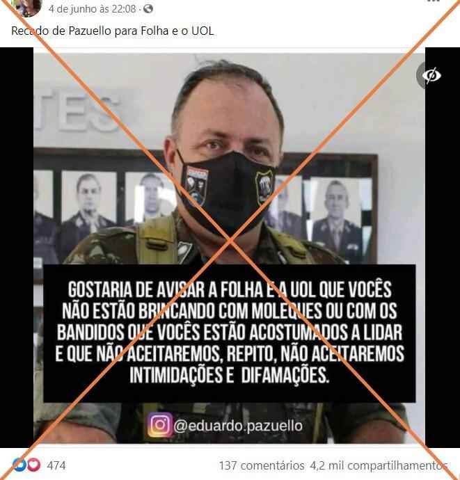 Não há registro de que sejam de Eduardo Pazuello as ameaças à Folha de S.Paulo e ao UOL