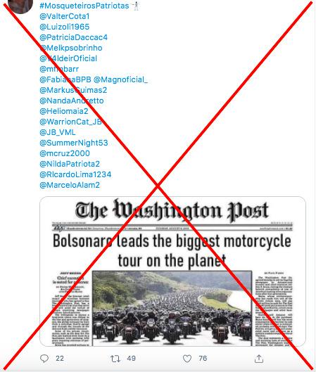 Capa do Washington Post destacando motociata com participação de Bolsonaro é uma montagem