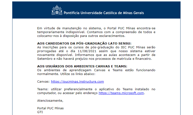 Manutenção em sistema tira site da PUC Minas do ar nesta terça (3/8) - Reprodução/PUC Minas