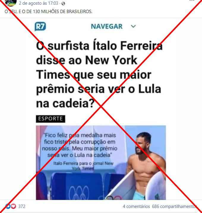 É falso que Italo Ferreira tenha pedido a prisão de Lula em entrevista ao The New York Times