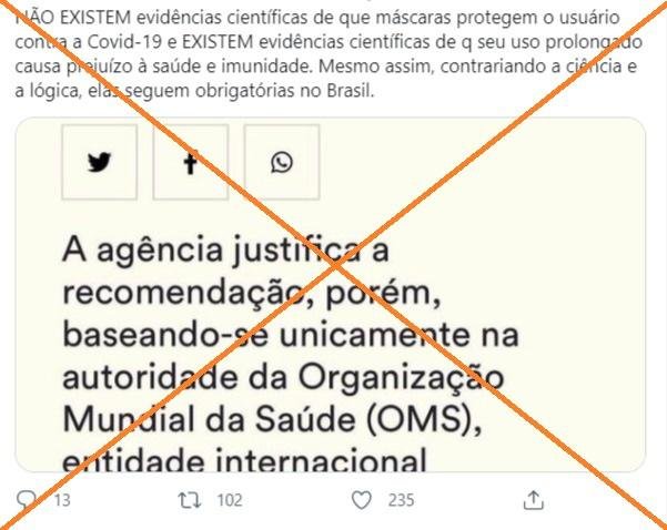Trecho de texto da Anvisa sobre evidências para uso de máscaras foi retirado de contexto