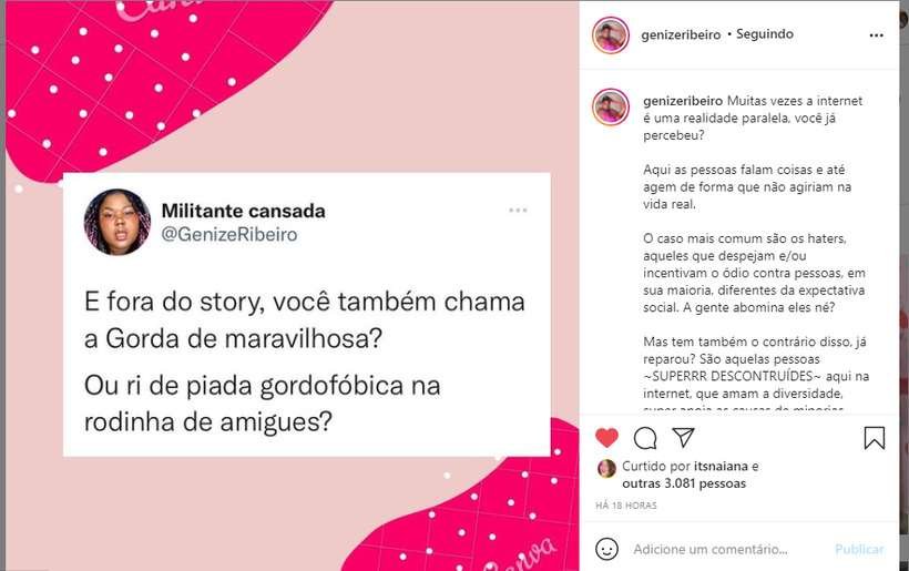 E fora do story, como você trata as pessoas gordas? - Reprodução/Instagram