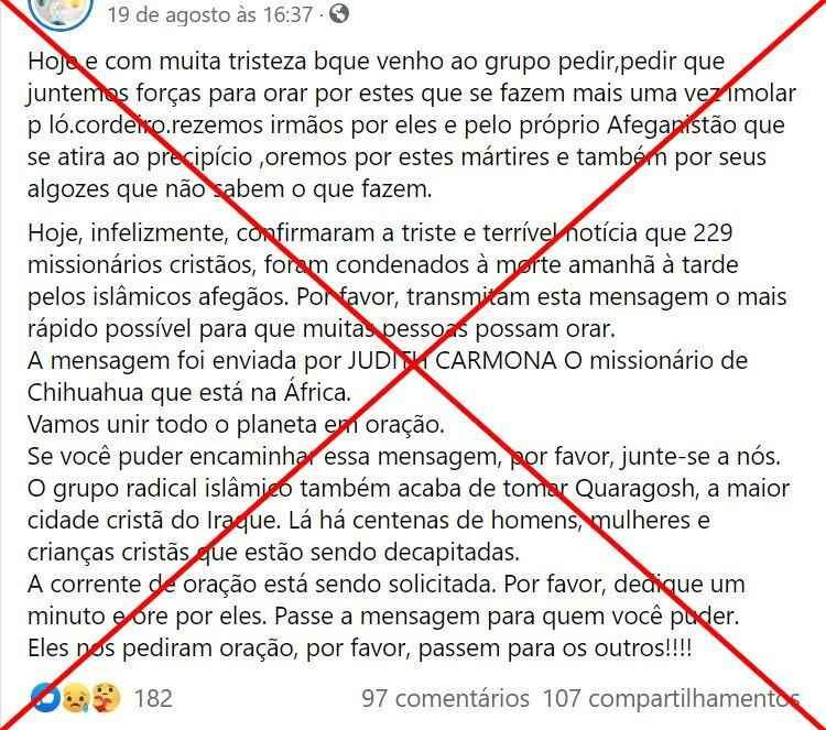 A suposta sentença de morte a 229 missionários cristãos no Afeganistão circula desde 2017