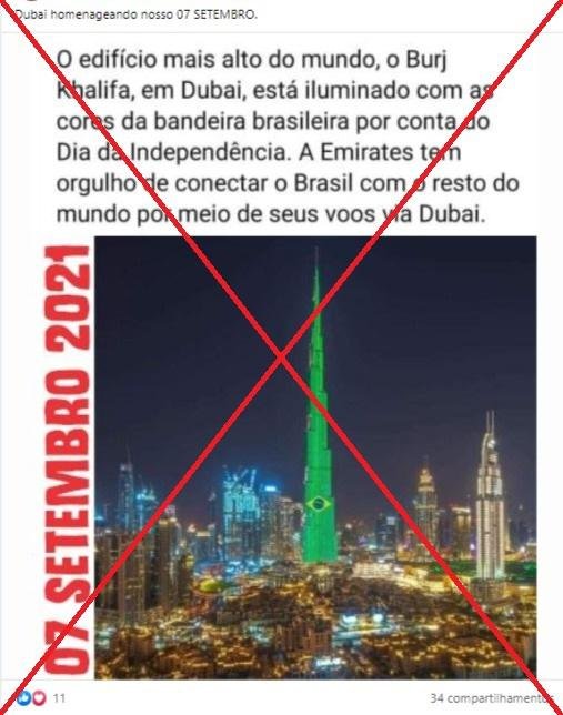 Imagem do Burj Khalifa iluminado com a bandeira brasileira é de homenagem em 2020, não em 2021