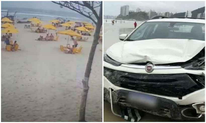 Mulher tem mal súbito e invade praia cheia com o carro - Reprodução/YouTube e Guarda Municipal/Divulgação