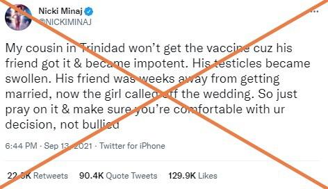 Não há evidências de que vacina contra covid cause impotência, ao contrário do dito por Nicki Minaj