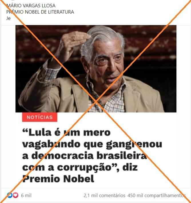 Não há registro de que Llosa tenha descrito Lula como 'mero vagabundo'