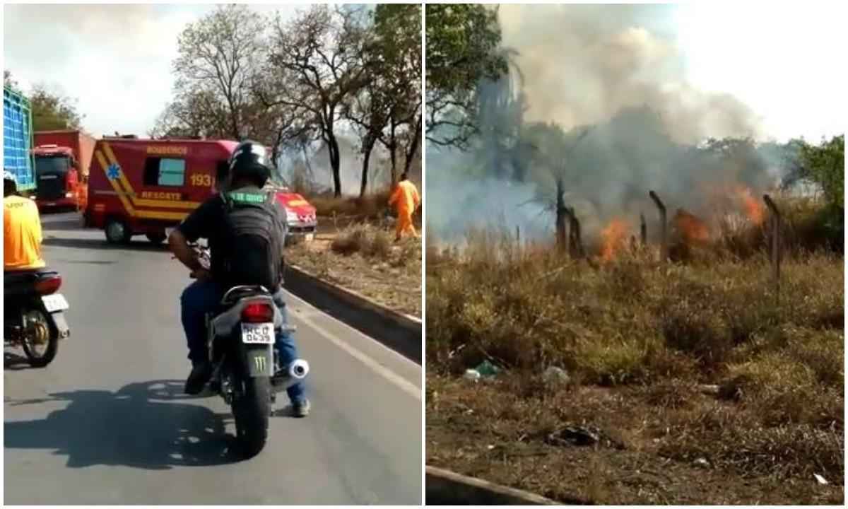 Incêndio coloca veículos em risco e fecha rodovia mineira - Reprodução/WhatsApp