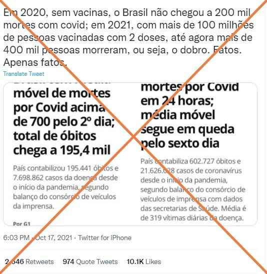 Maior número de mortes por covid-19 em 2021 do que em 2020 não indica que vacinas são ineficazes