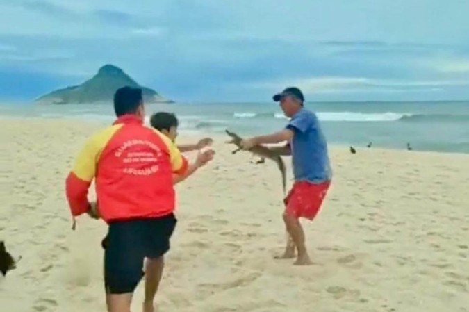 Homem usa jacaré como arma durante briga em praia - Praia_do_Recreio/Instagram