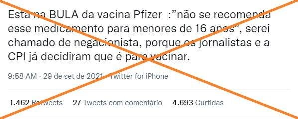 Desde junho de 2021, a bula da vacina contra covid da Pfizer indica sua aplicação a partir de 12 anos