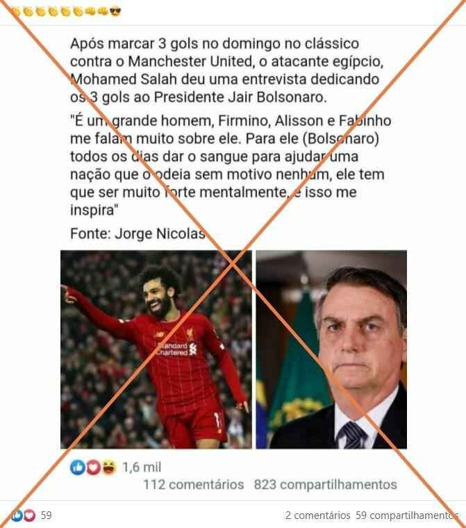 Não há registro de declaração de Mohamed Salah sobre 3 gols para Bolsonaro - reprodução