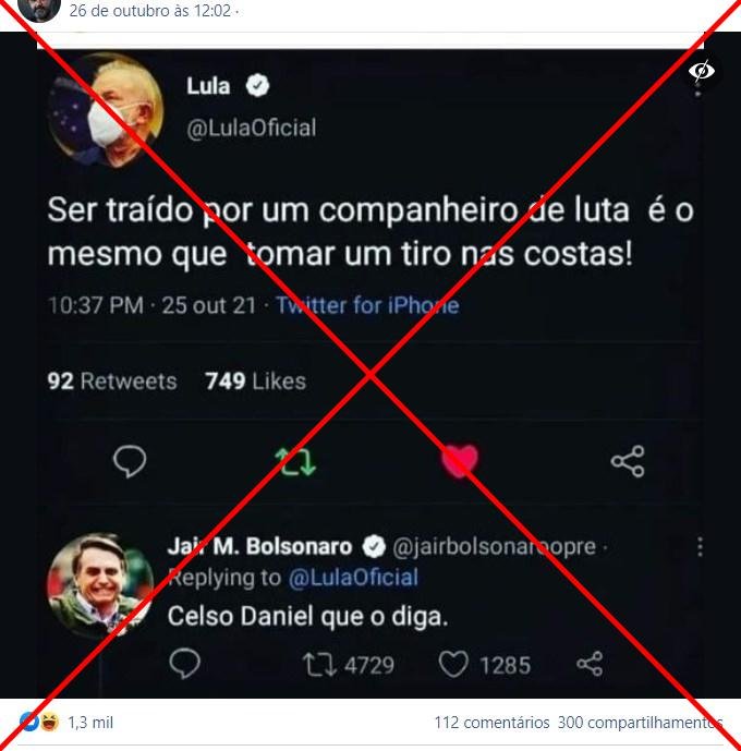 A conta de Jair Bolsonaro na imagem não é oficial e o tuíte de Lula não aparece em seu perfil