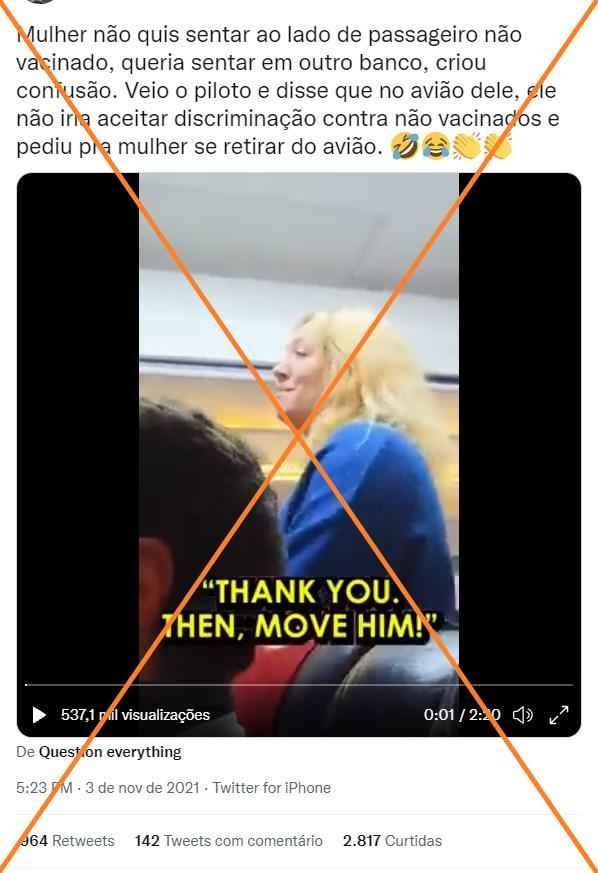 Vídeo de mulher que se nega a sentar ao lado de 'não vacinado' é ficcional - Reprodução