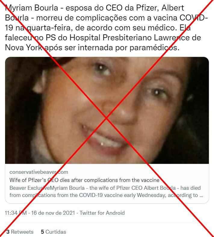 Publicações afirmam falsamente que a esposa do CEO da Pfizer morreu por complicações da vacina