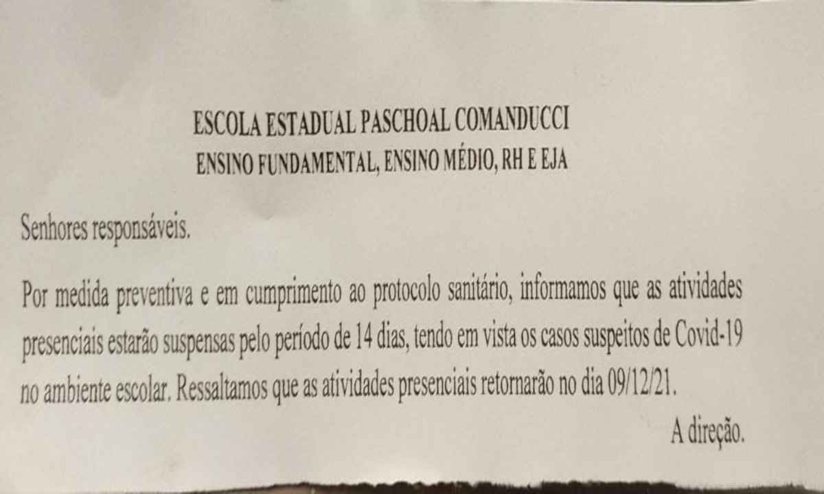 Escola estadual em BH suspende aulas presenciais após suspeita de COVID-19 - Reprodução
