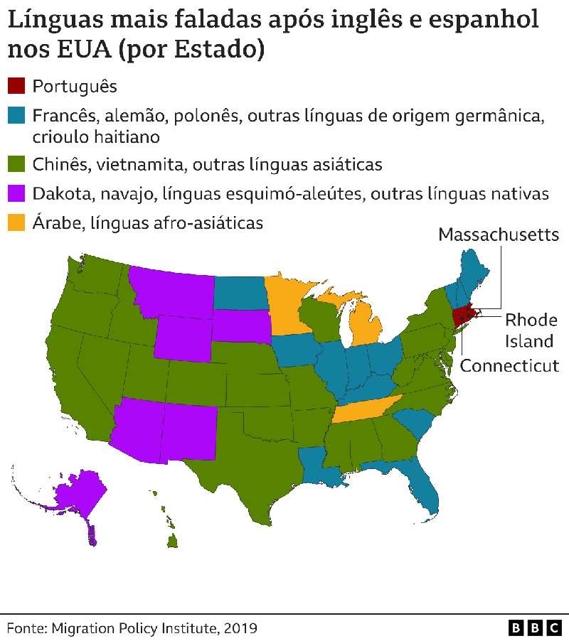 O mapa que mostra os 3 Estados dos EUA onde o português é a língua mais falada após inglês e espanhol - BBC