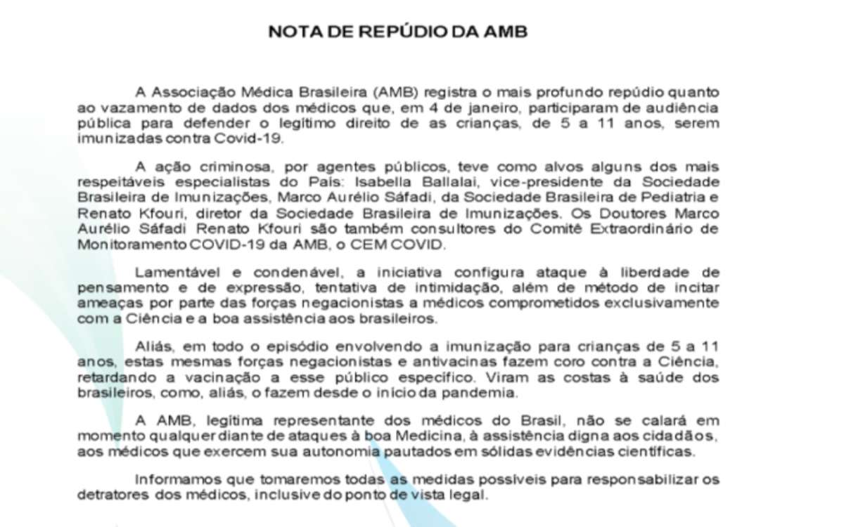 Associação Médica sobre vazamento de dados: 'Tomaremos todas as medidas' - Associação Médica Brasileira (AMB)/Divulgação