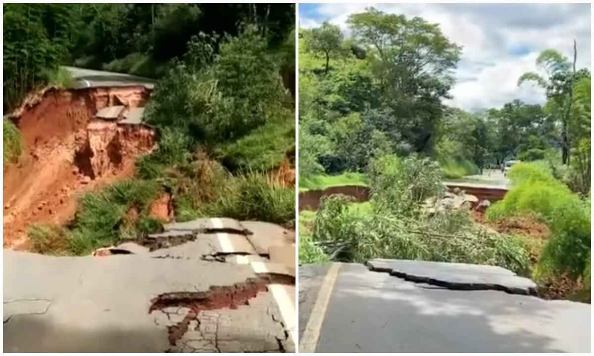 Rodovia cede e destrói 70 metros da MG-262 em Mariana; veja vídeo - Redes sociais/Reprodução