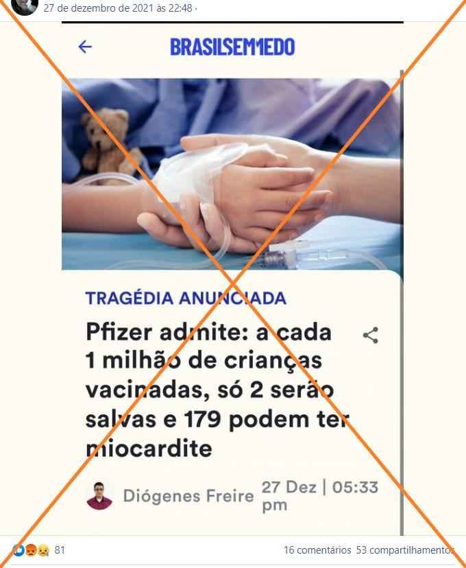 A Pfizer não "admitiu" que vacinas anticovid salvam duas crianças e 179 podem ter miocardite