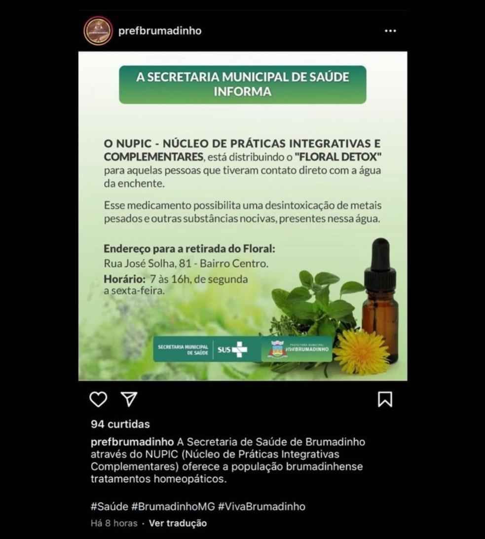 Brumadinho distribui composto sem eficácia comprovada a vítimas de enchente - Instagram/Reprodução