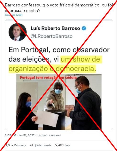 O tuíte em que Barroso parece elogiar o voto impresso em Portugal foi manipulado digitalmente