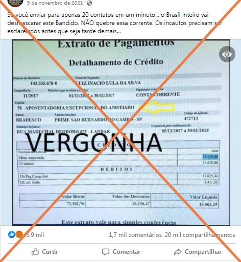 Extrato de aposentadoria no valor de R$ 45 mil não corresponde a benefício mensal recebido por Lula