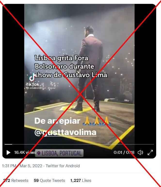 É montagem o vídeo de um show de Gusttavo Lima com gritos de &#8220;Fora, Bolsonaro&#8221;