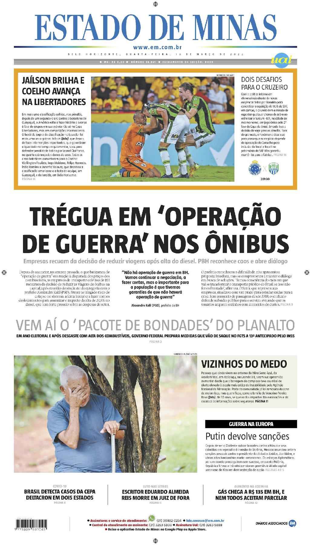 Confira a Capa do Jornal Estado de Minas do dia 16/03/2022 - Estado de Minas