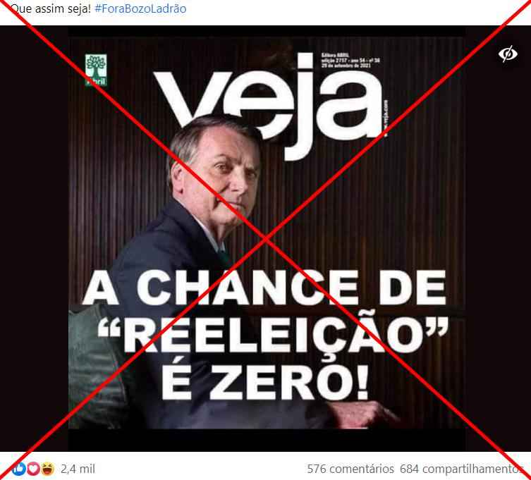 É uma montagem a capa da revista Veja dizendo que Bolsonaro tem &#8220;zero&#8221; chance de ser reeleito