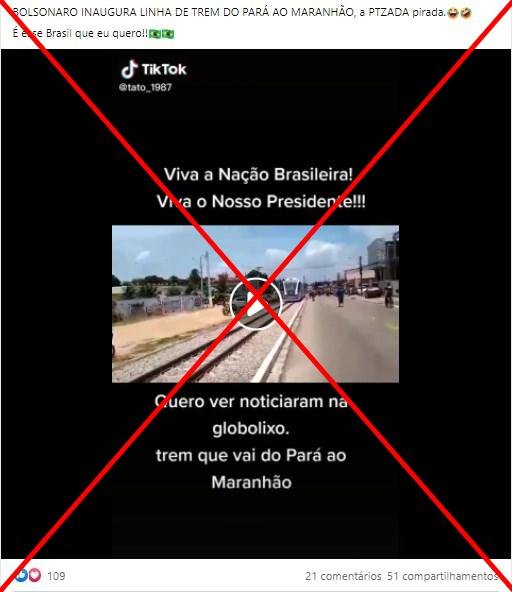 Trem ligando Pará ao Maranhão não foi entregue no governo Bolsonaro - Reprodução