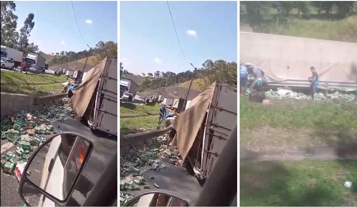 VÍDEO: carreta de cerveja tomba na Fernão Dias e carga é saqueada - Reprodução de vídeo