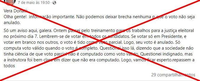 "Voto parcial" não figura na lei brasileira e eleitor não tem voto anulado se só elege presidente