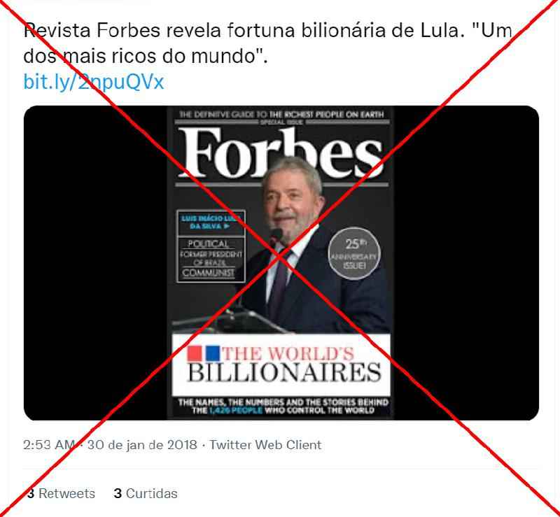 É uma montagem a capa da Forbes que mostra Lula como um dos homens mais ricos do mundo
