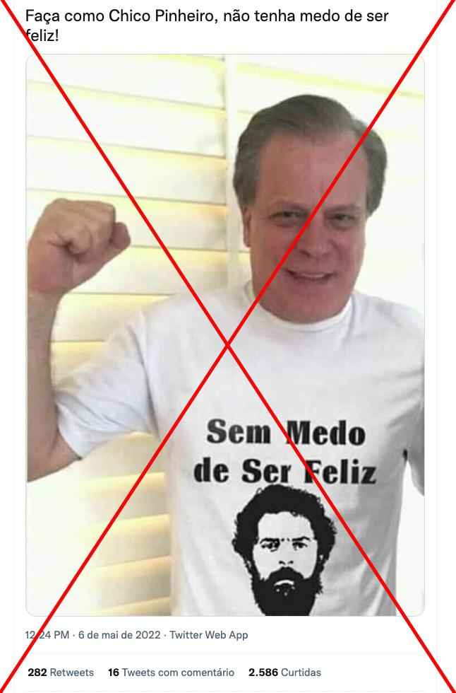 É uma montagem a foto de Chico Pinheiro vestindo uma camisa com o rosto de Lula