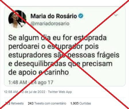 É montagem o tuíte atribuído à deputada Maria do Rosário sobre perdoar estupradores
