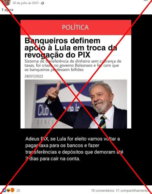 O portal g1 não noticiou que banqueiros apoiarão Lula em troca de revogação do PIX
