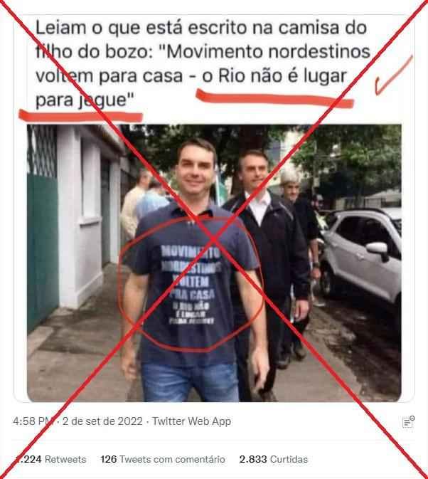 Imagem de Flávio Bolsonaro com uma camisa contra nordestinos é montagem