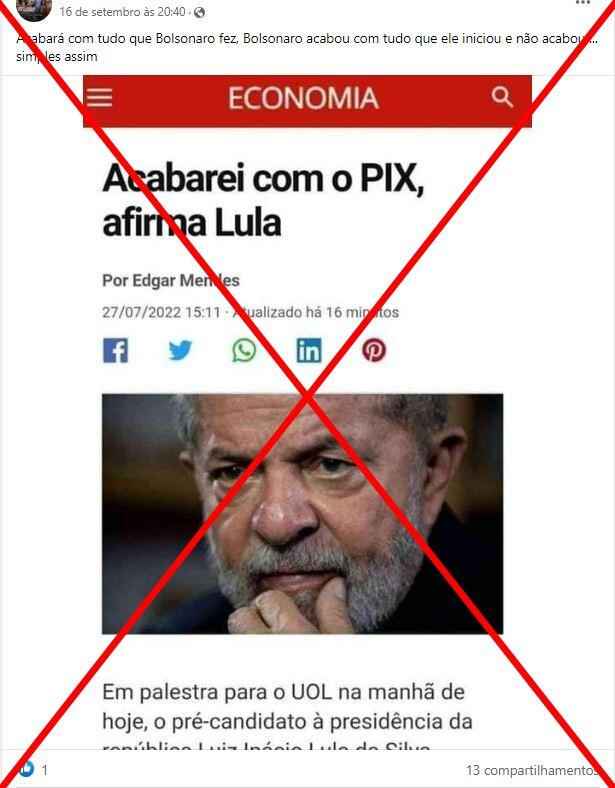 Lula não afirmou que acabaria com o Pix  - Reprodução