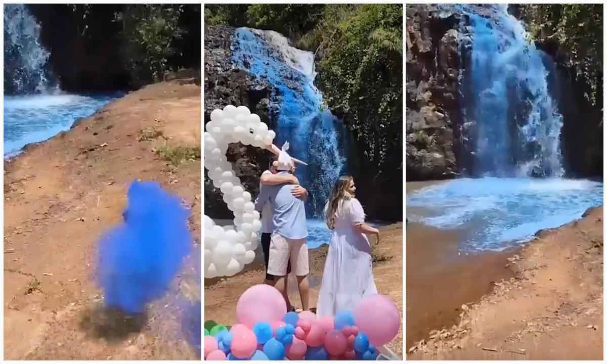 Casal coloca corante em cachoeira para chá revelação e revolta web