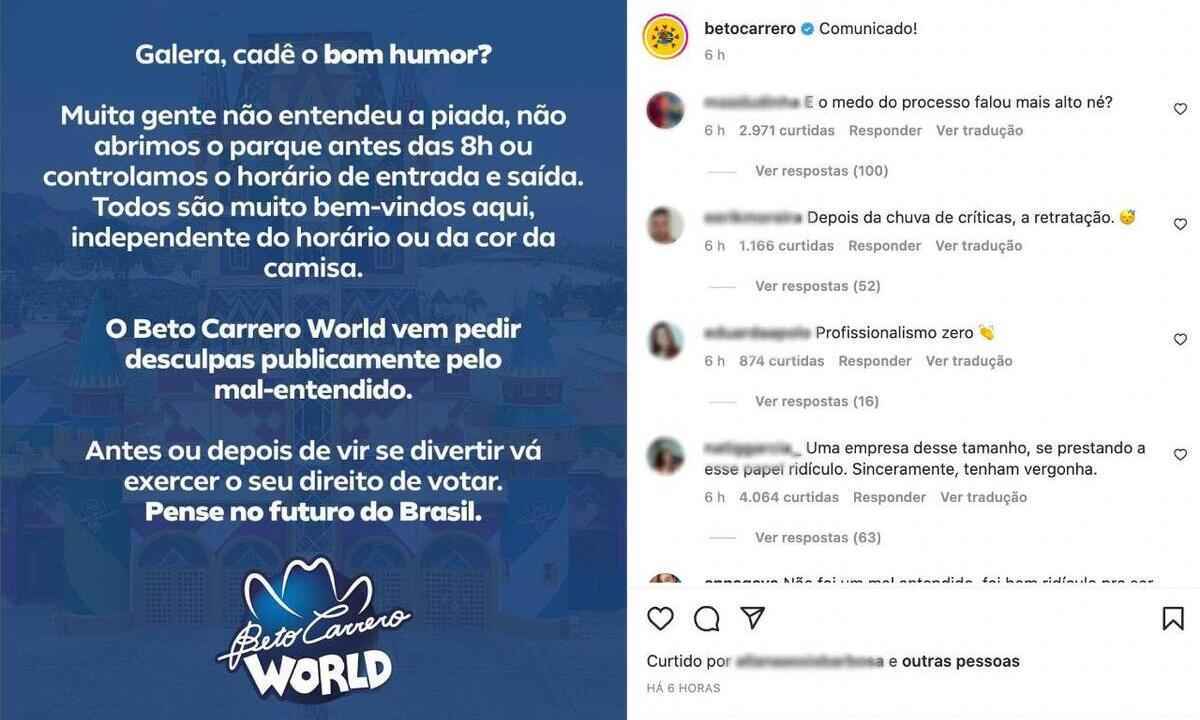 Justiça fixa multa de R$ 100 mil se Beto Carrero fizer propaganda política - Reprodução/Instagram