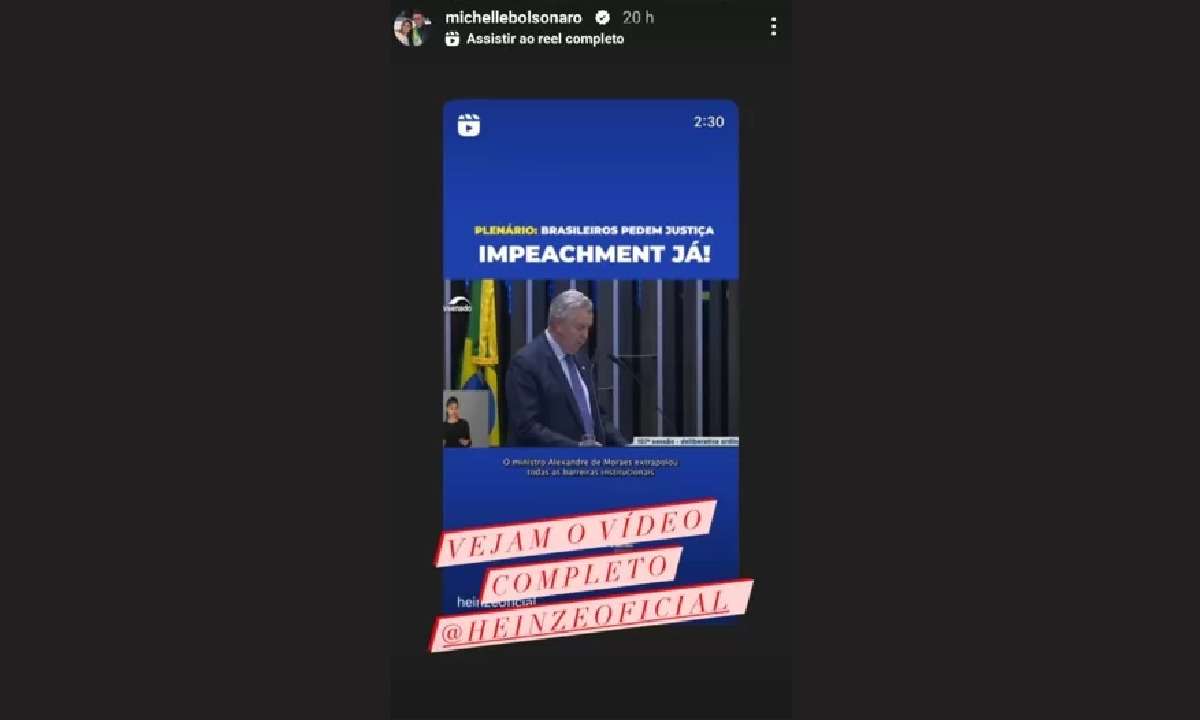 Michelle Bolsonaro compartilha e apaga vídeo que pede impeachment de Moraes - Reprodução/Instagram